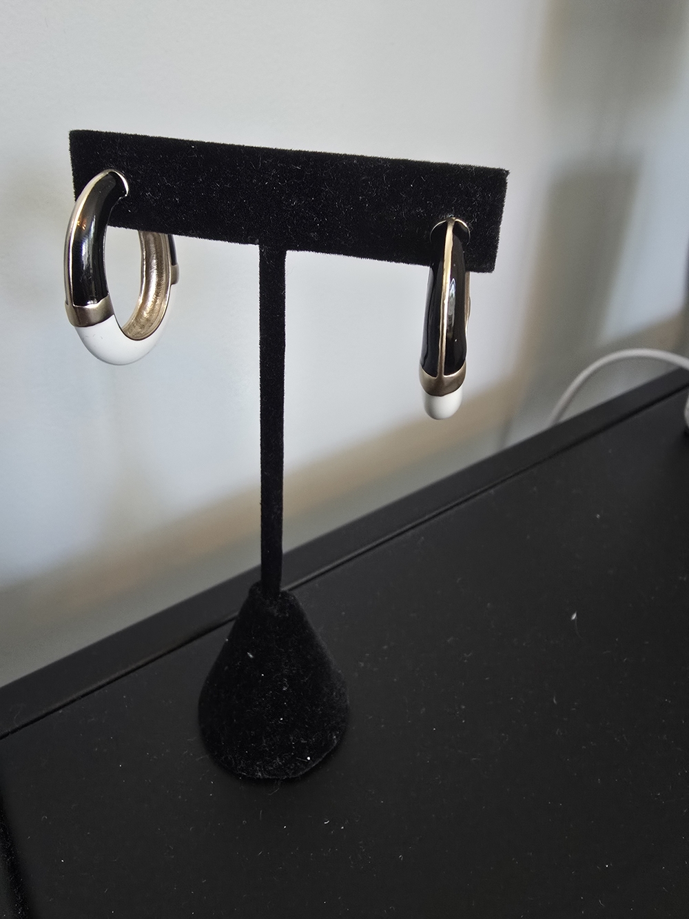 Polished Gold, Black And White Enamel Hoop Earrings - Women Jewelry